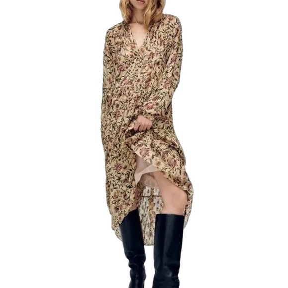 Zara Printed Boho Metallic Yarn Floral Midi Dress, Cream Tan Gold size M - Picture 1 of 10